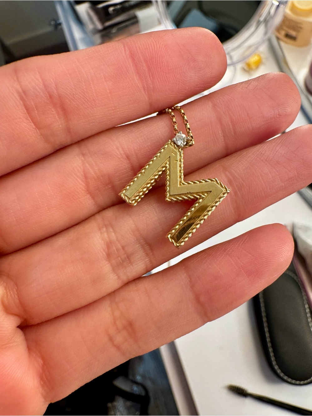 Roberto Coin Gold Letter M Pendant Necklace with Braided Edge